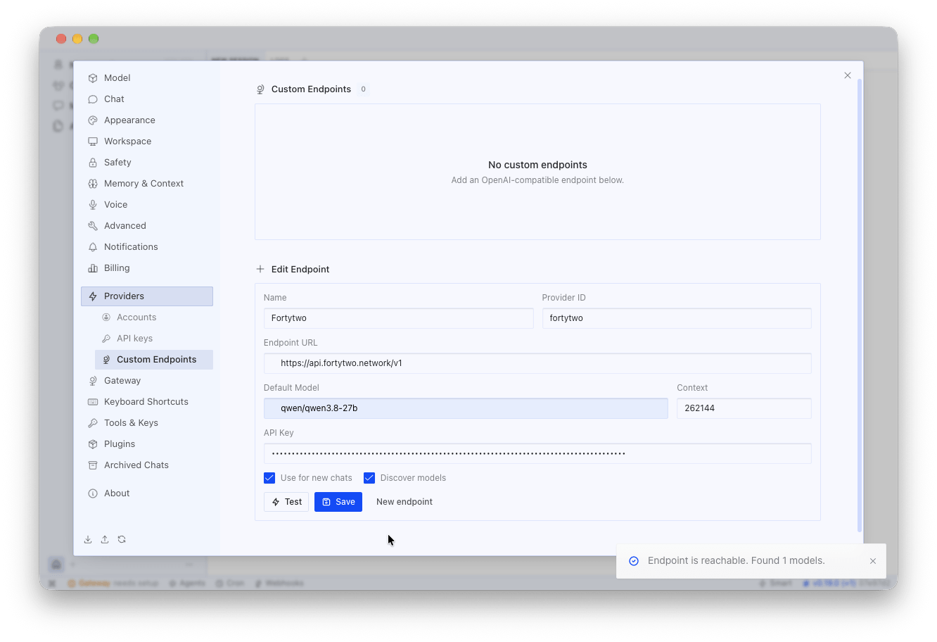 Hermes Desktop: endpoint form filled in for Fortytwo, Test reports that the endpoint is reachable