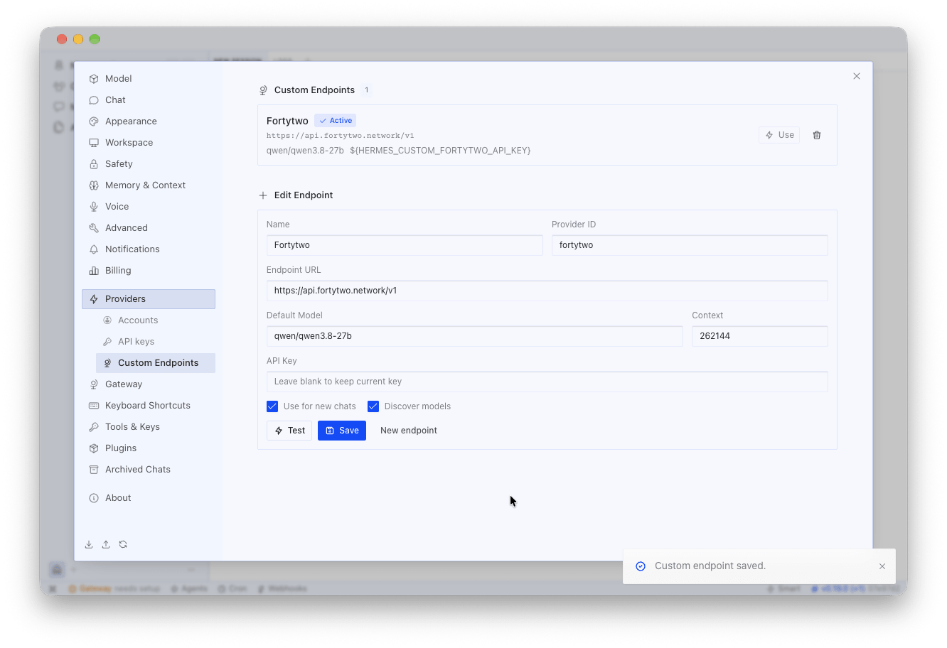 Hermes Desktop: Fortytwo saved under Custom Endpoints as Active