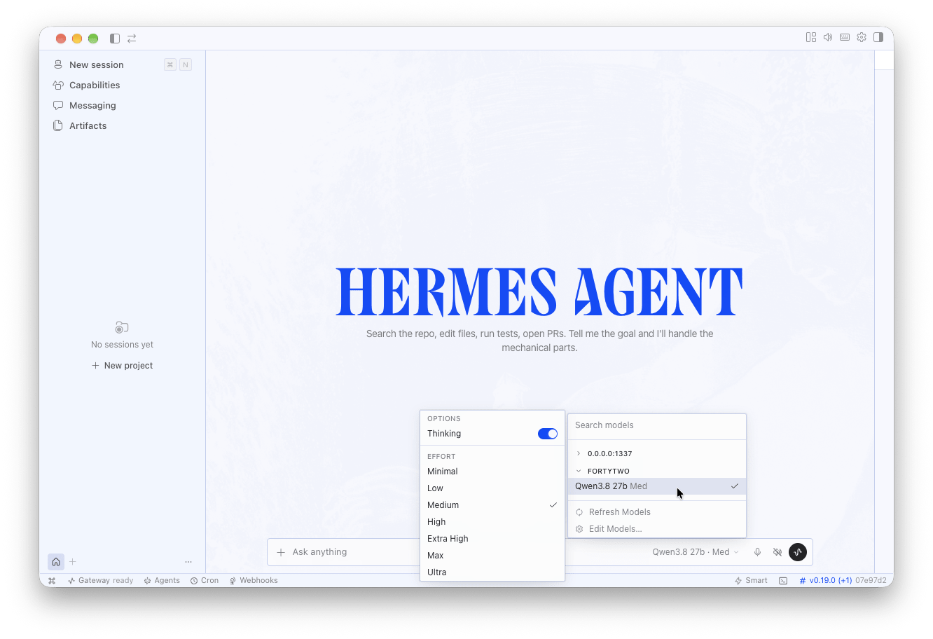 Hermes Desktop: Qwen3.8 27b selected under Fortytwo