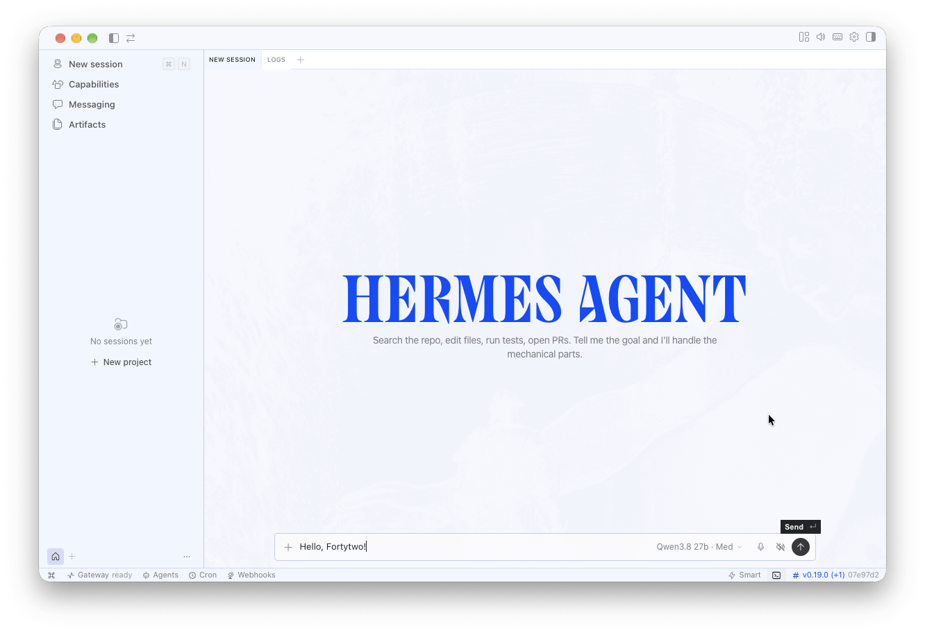 Hermes Desktop: chat with qwen/qwen3.8-27b