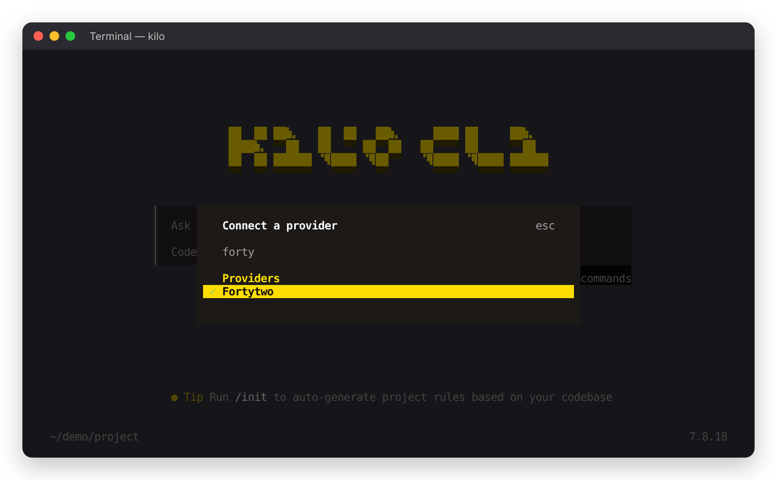 Kilo CLI: Fortytwo in the Connect a provider list