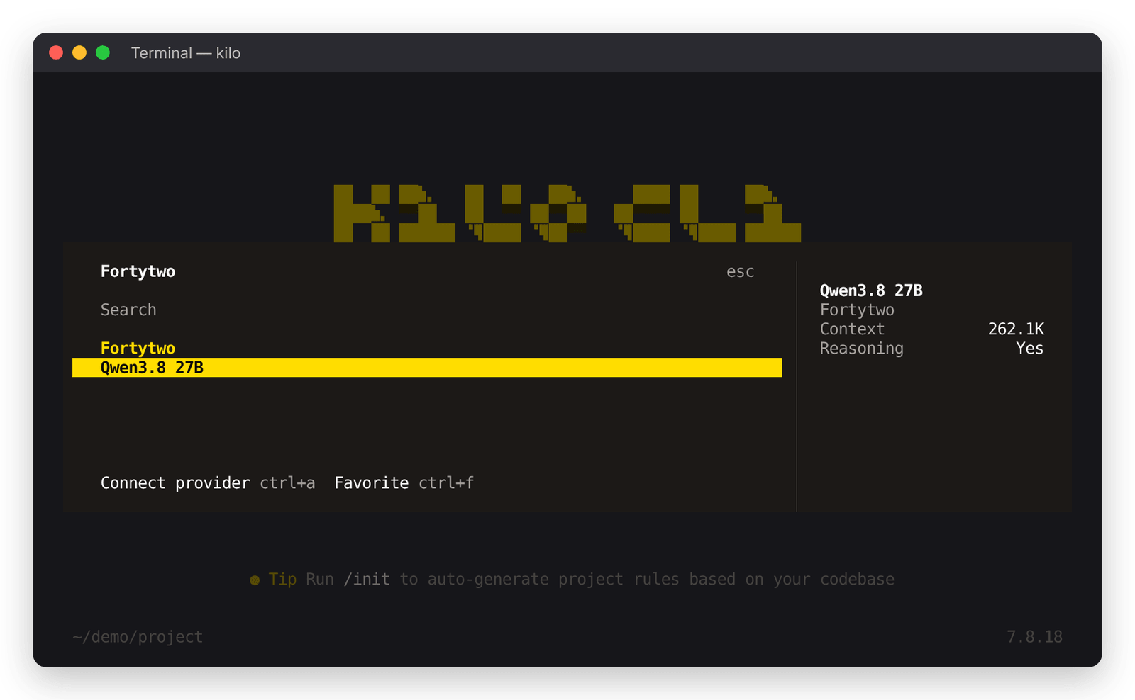 Kilo CLI: Qwen3.8 27B under Fortytwo