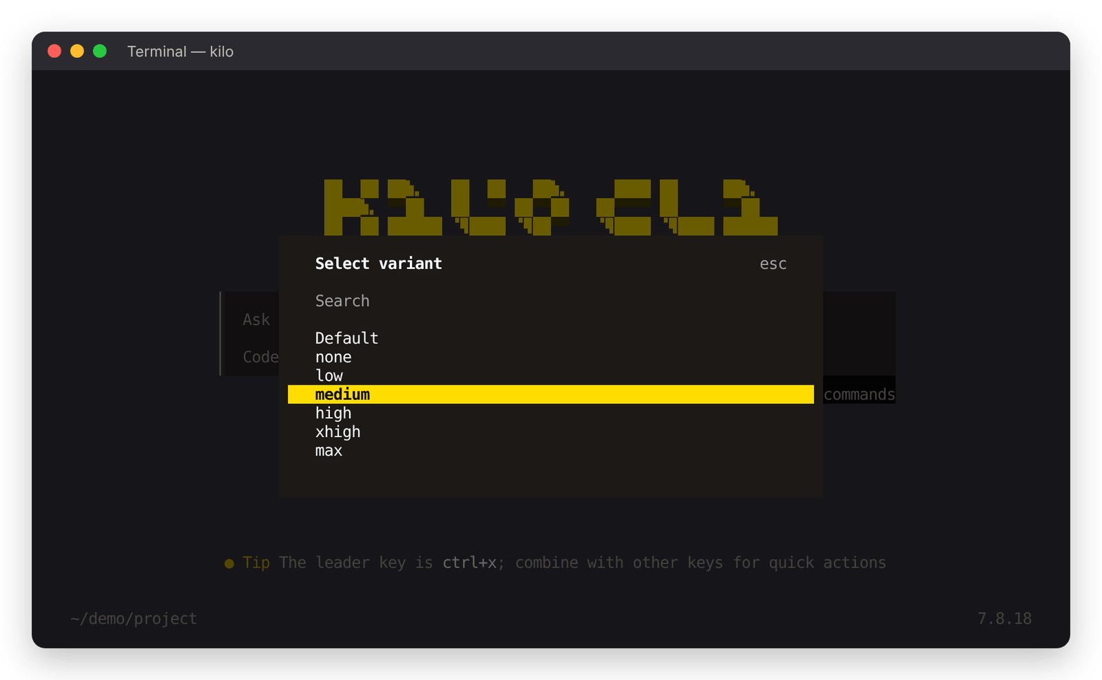 Kilo CLI: Select variant with medium selected
