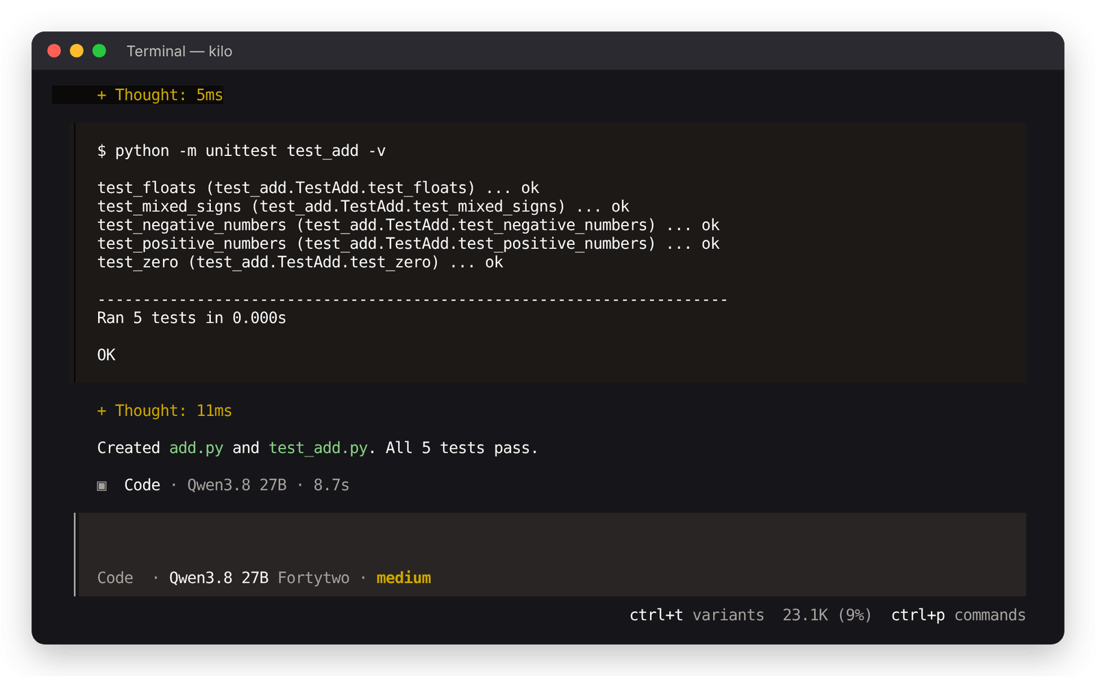 Kilo CLI: task done on Qwen3.8 27B Fortytwo with variant medium