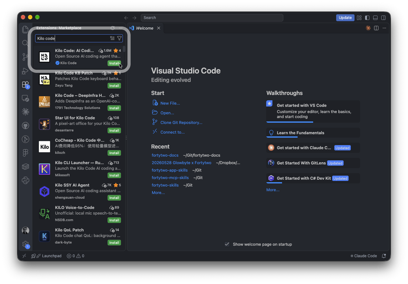 VS Code Extensions view: Kilo Code by the verified publisher Kilo Code, Install button