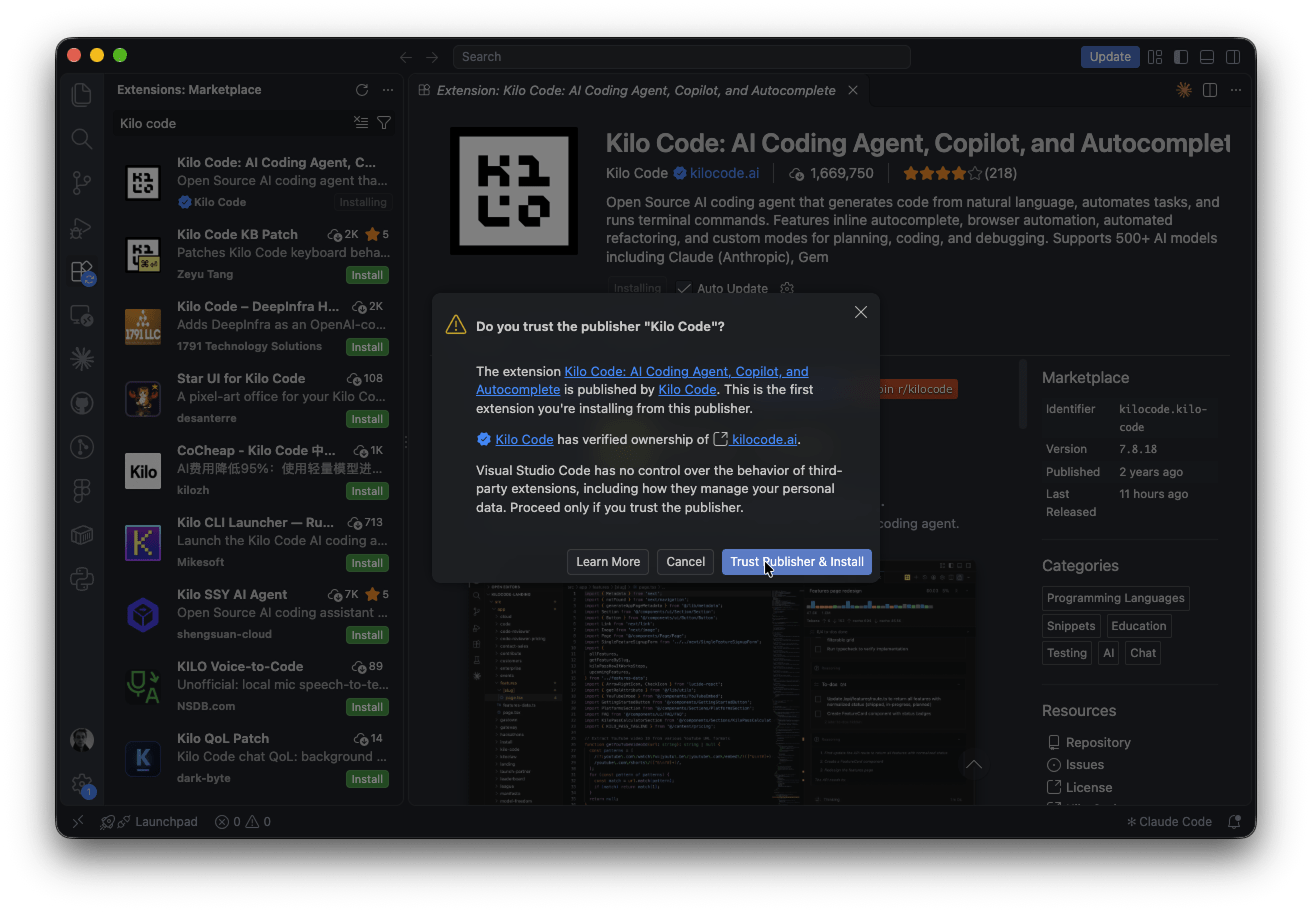 VS Code: Trust Publisher & Install dialog for Kilo Code
