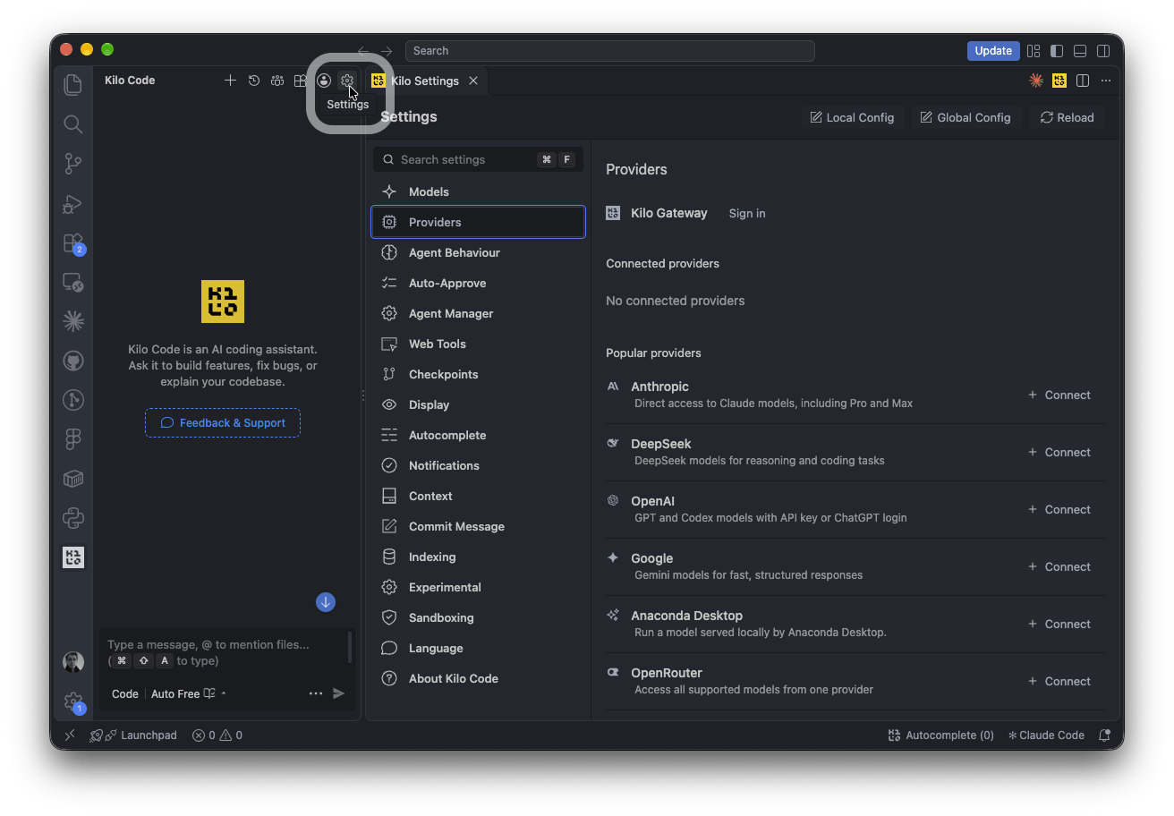 Kilo Code: Settings gear in the Kilo panel opens Kilo Settings on the Providers tab