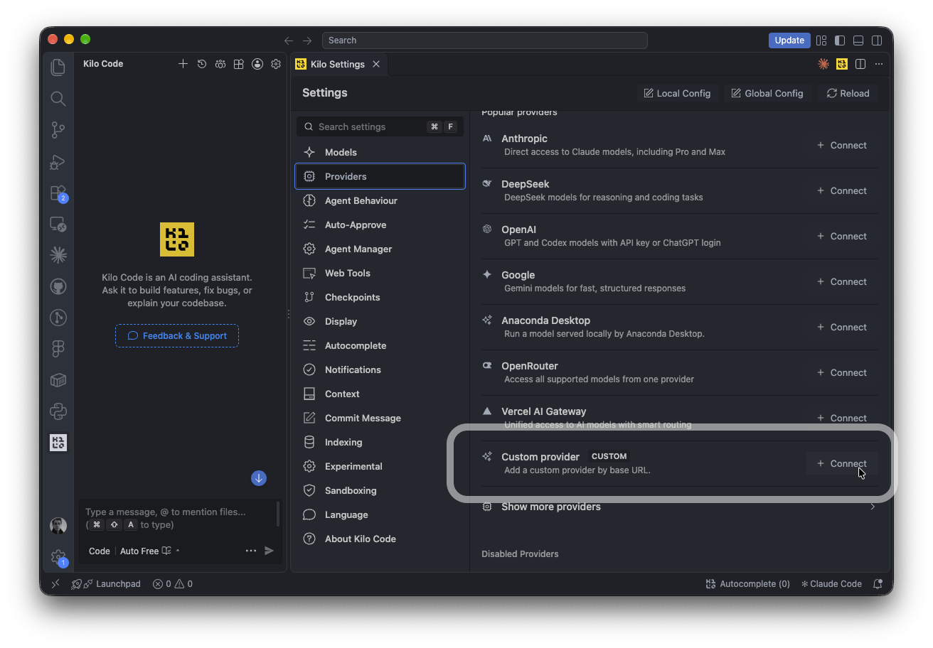 Kilo Code: Custom provider row with the Connect button