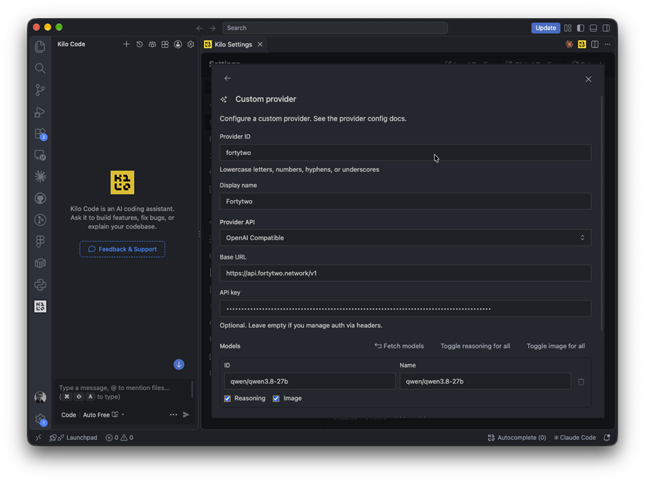 Kilo Code: Custom provider dialog filled in for Fortytwo, model qwen/qwen3.8-27b with Reasoning and Image on