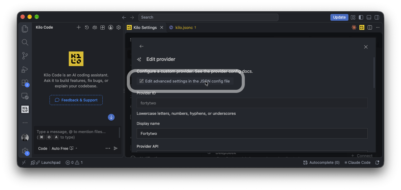 Kilo Code: Edit provider dialog with the Edit advanced settings in the JSON config file link