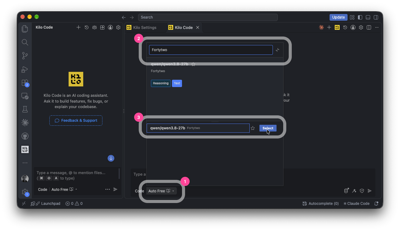 Kilo Code: model selector, search for Fortytwo, qwen/qwen3.8-27b and Select