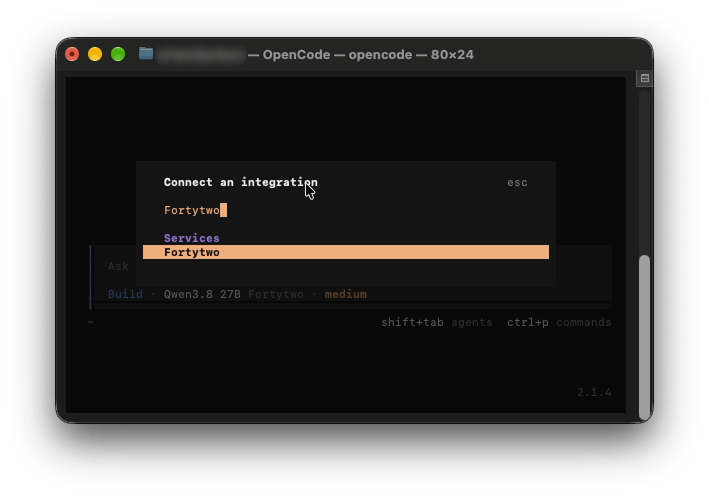 OpenCode: Fortytwo in the Connect an integration list