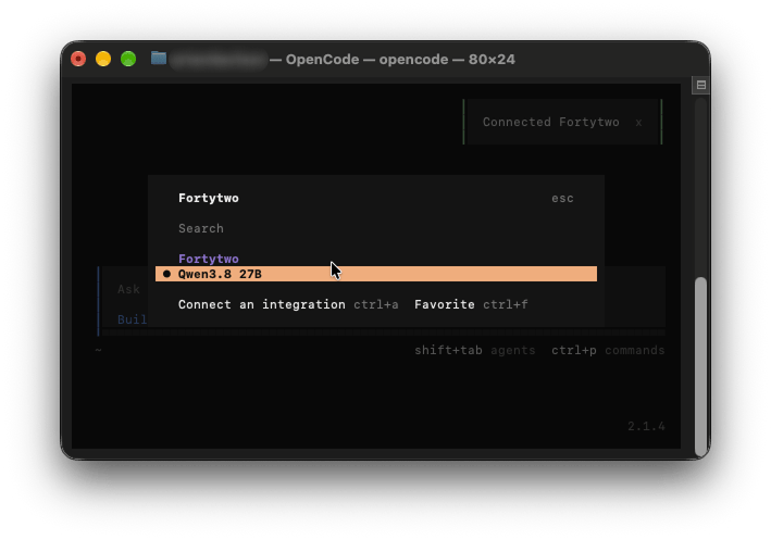 OpenCode: Qwen3.8 27B under Fortytwo, with the Connected Fortytwo message