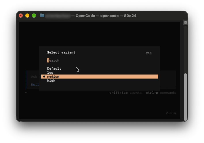 OpenCode: Select variant with medium selected