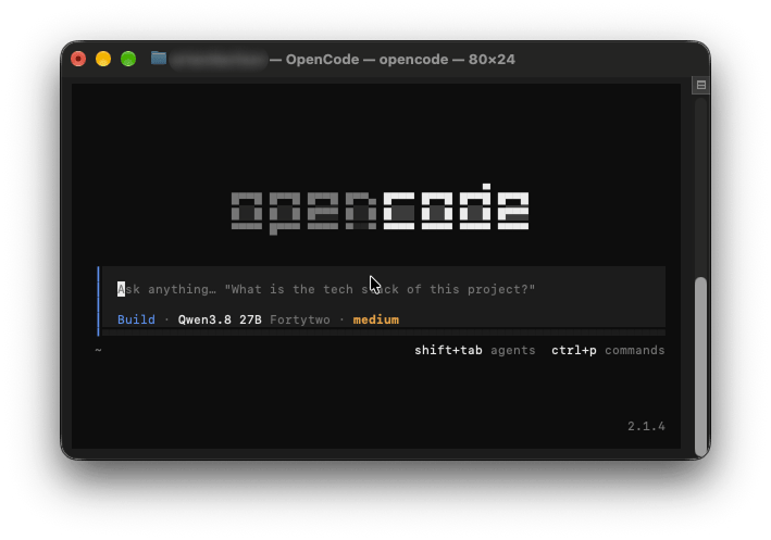 OpenCode: prompt with Qwen3.8 27B Fortytwo and variant medium