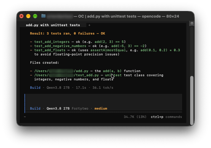 OpenCode: task done on Qwen3.8 27B Fortytwo with variant medium