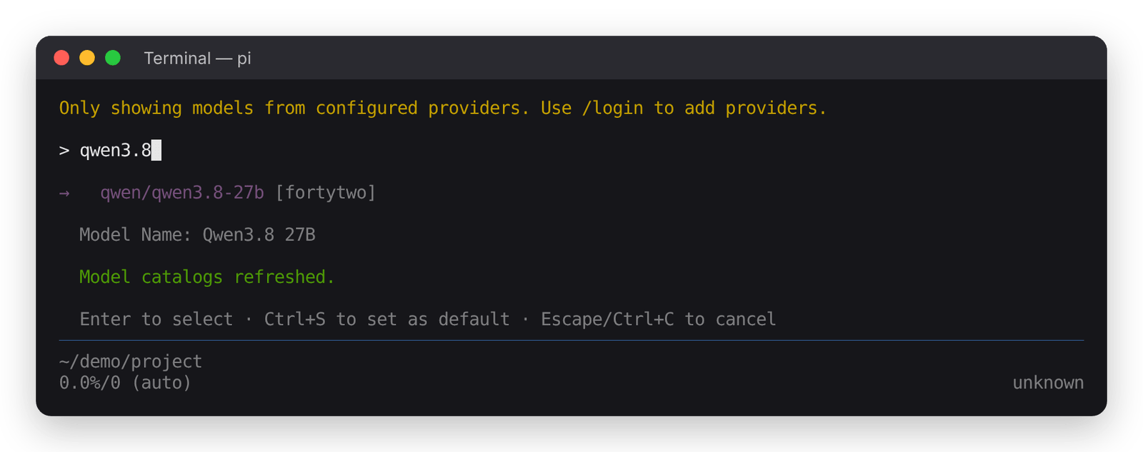 pi: /model with qwen/qwen3.8-27b from the fortytwo provider