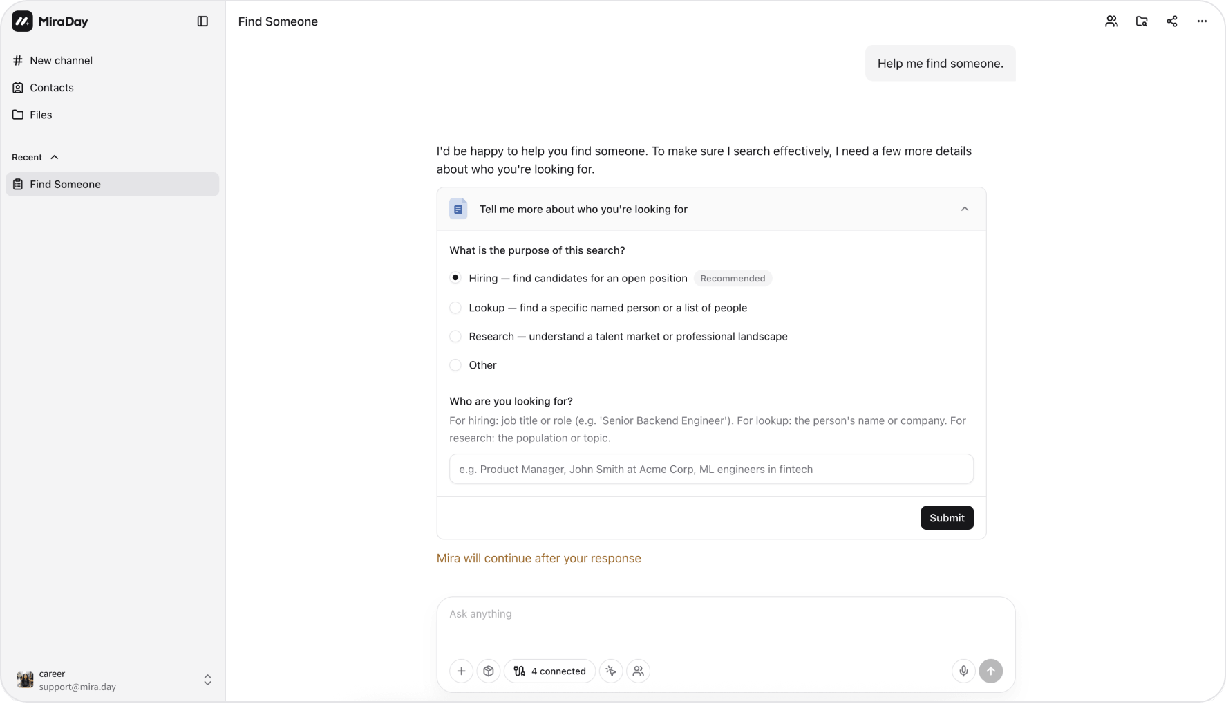 After a broad request, Mira asks for details with a clarification form: the purpose of the search and who you're looking for