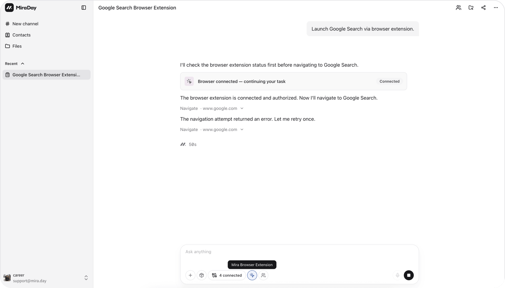 The extension working in a channel: the Browser connected status card, Mira's Navigate steps, and the extension button in the channel input