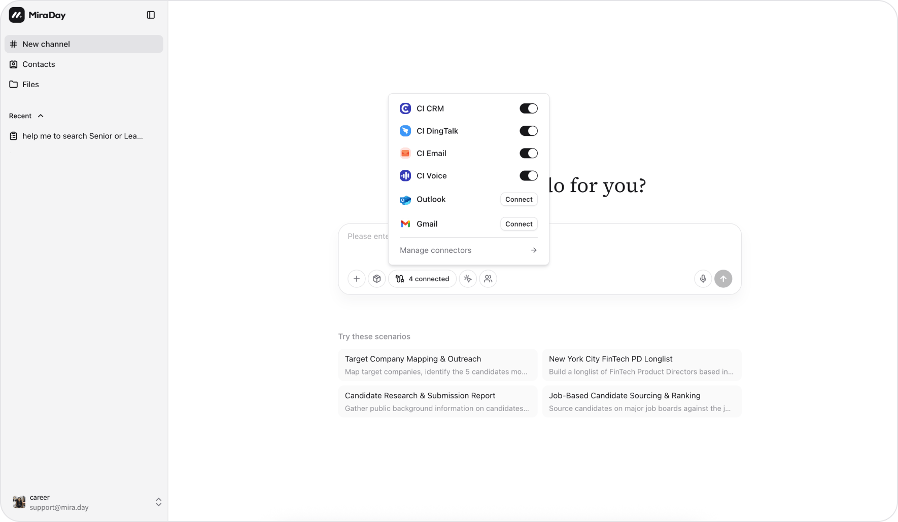 The connectors menu in the channel input, with Gmail and Outlook ready to connect and a link to Manage connectors