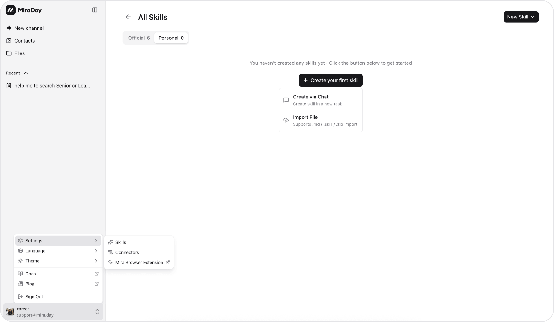The New Skill menu in the Skills settings, offering Create via Chat and Import File