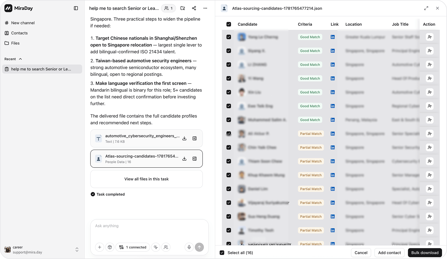 The candidate data file open from its card in the channel, with candidates selected and the Add to contacts and Bulk download actions