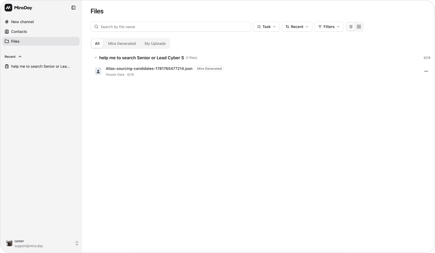 The Files page listing files from across your channels, with the All, Mira generated, and My uploads tabs, search, and filters