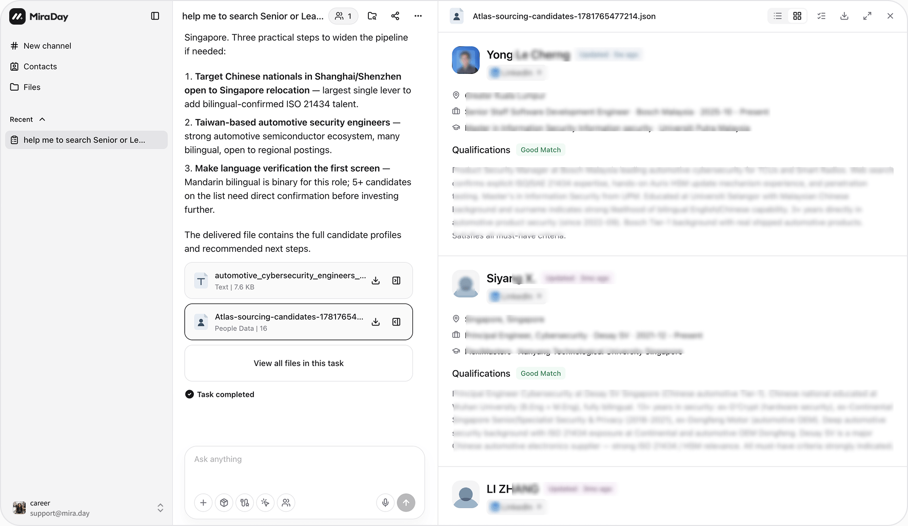 The MiraDay workspace: describe a role and review a candidate pool of matched candidates
