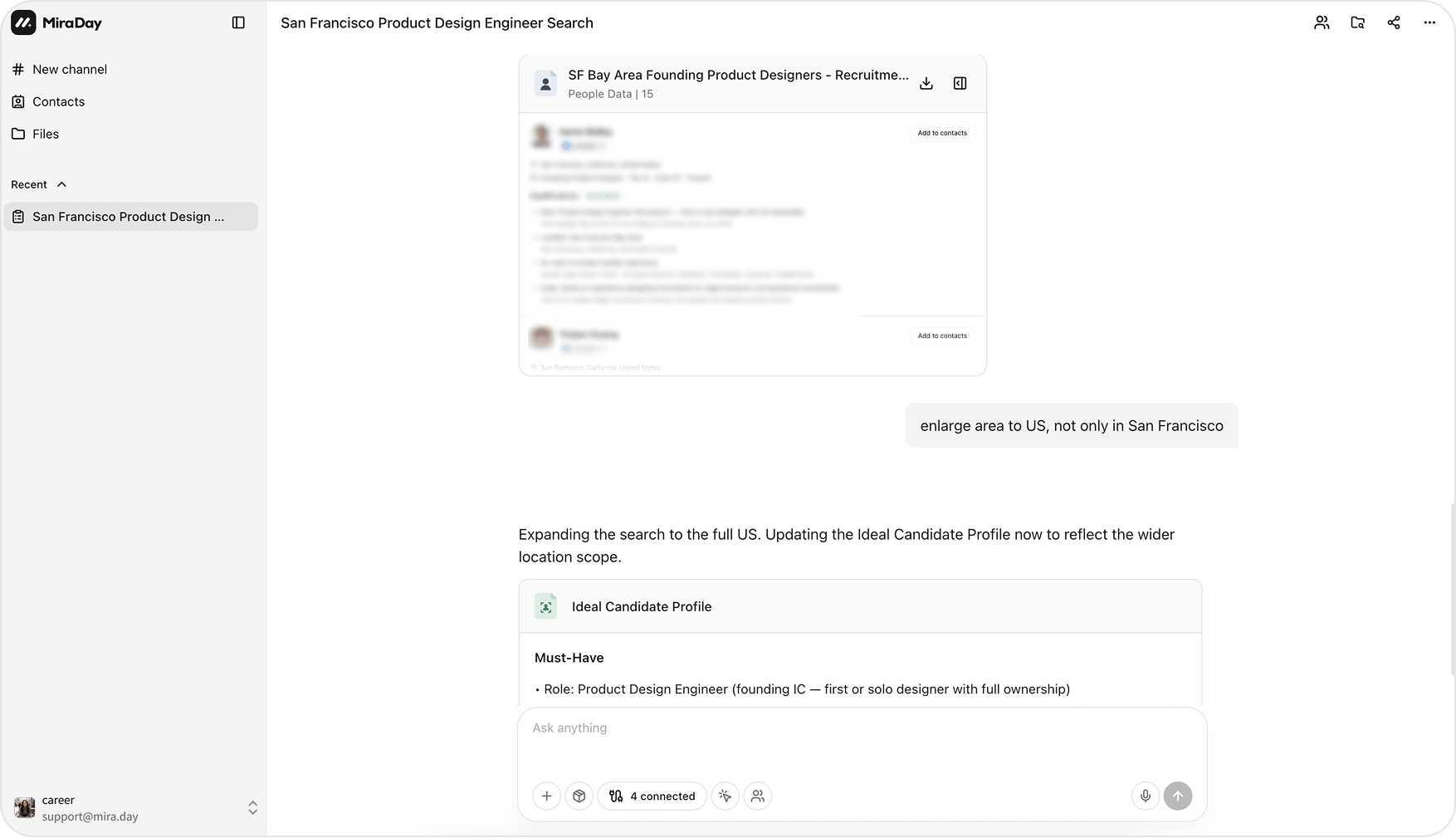 Refining a search in the conversation: asking Mira to widen the location, and the Ideal Candidate Profile updating to match