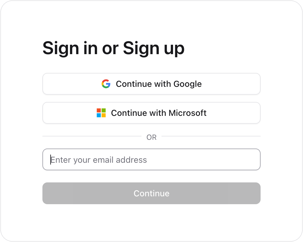 The MiraDay sign-in screen with options to continue with Google, Microsoft, or a registered email