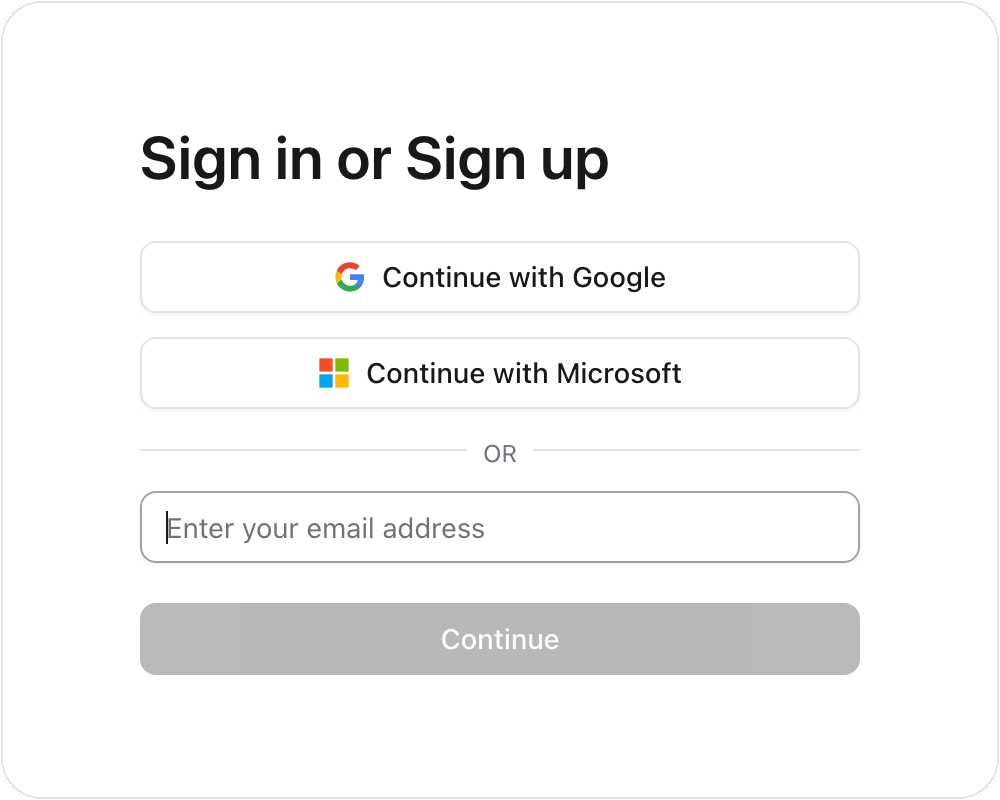 The MiraDay sign-in screen with options to continue with Google, Microsoft, or a registered email