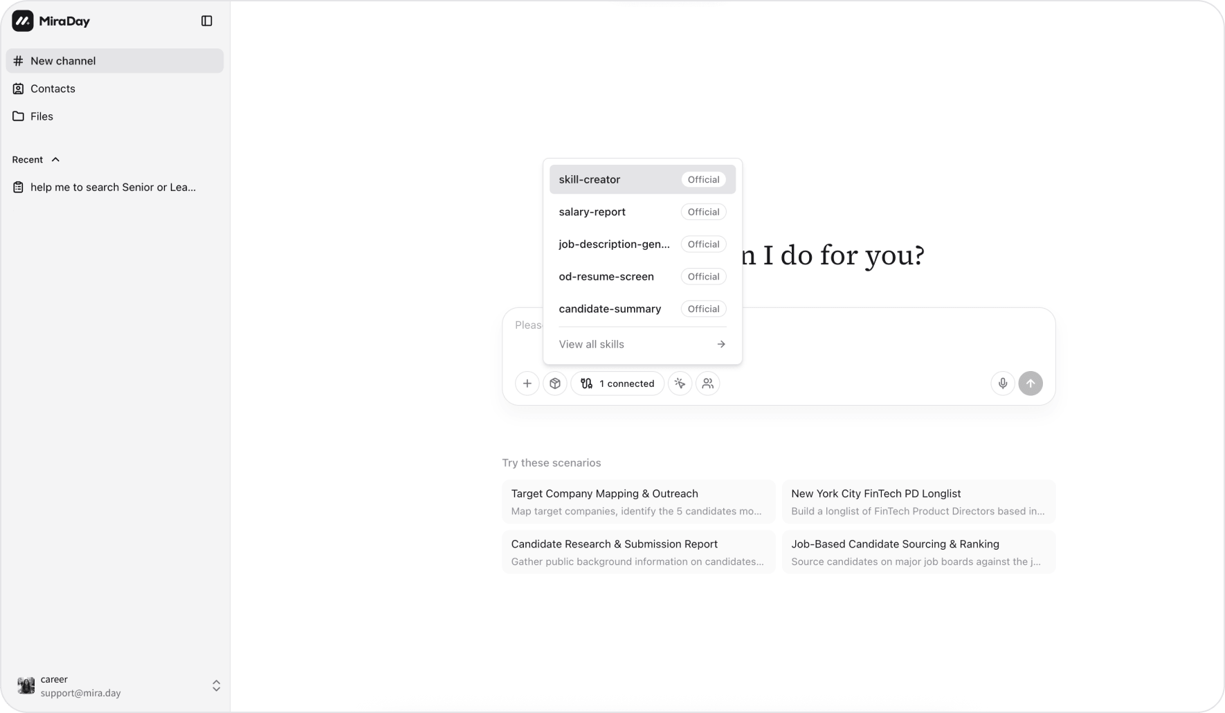 The skill picker open in the channel input after typing a slash, listing available Skills to choose from