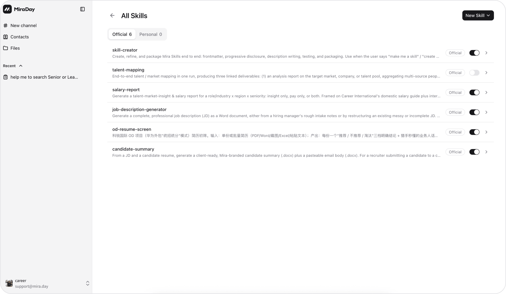 The Skills settings page listing Official and Personal Skills, each with an on/off toggle