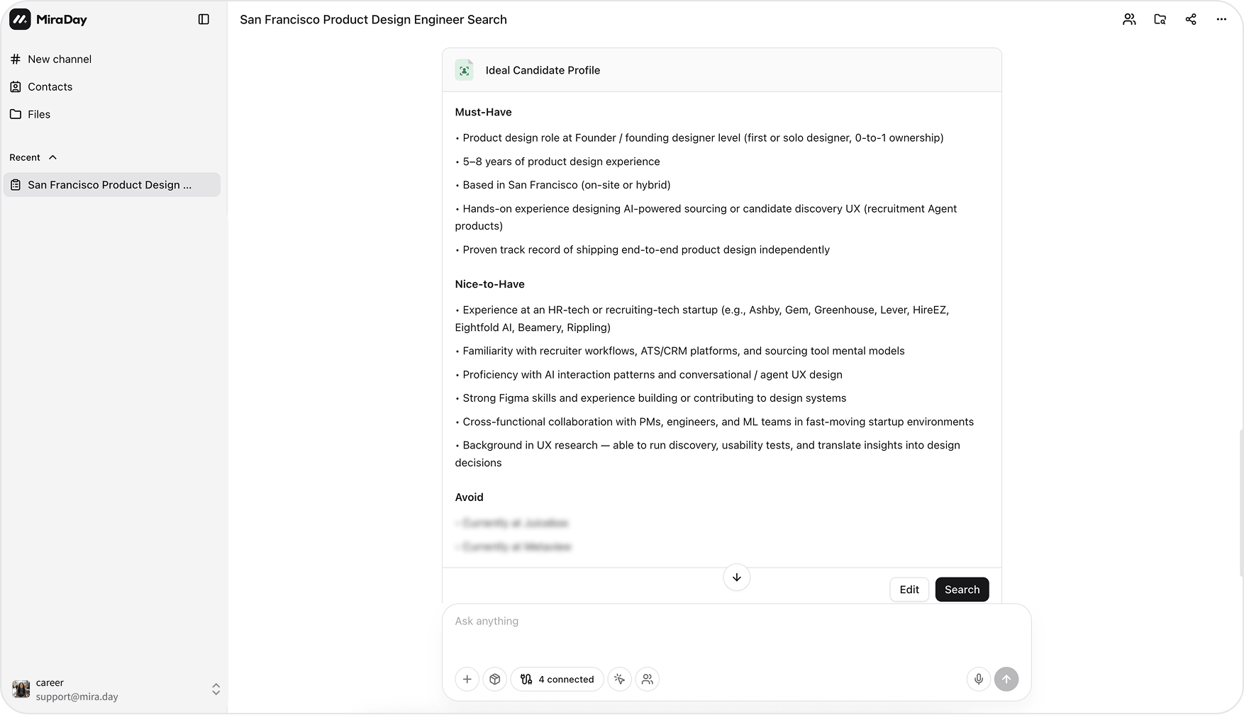 The Ideal Candidate Profile with the Must-Have, Nice-to-Have, and Avoid lists, and the Edit and Search actions