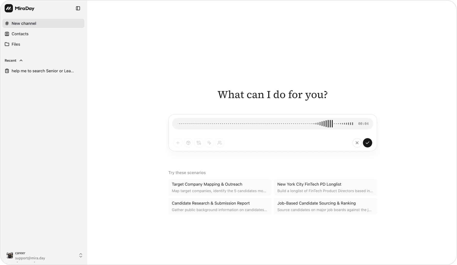 Voice input in MiraDay: the channel input recording speech, with a timer, waveform, and confirm and cancel buttons
