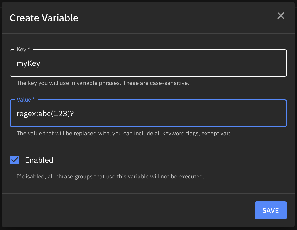 Variable creation modal