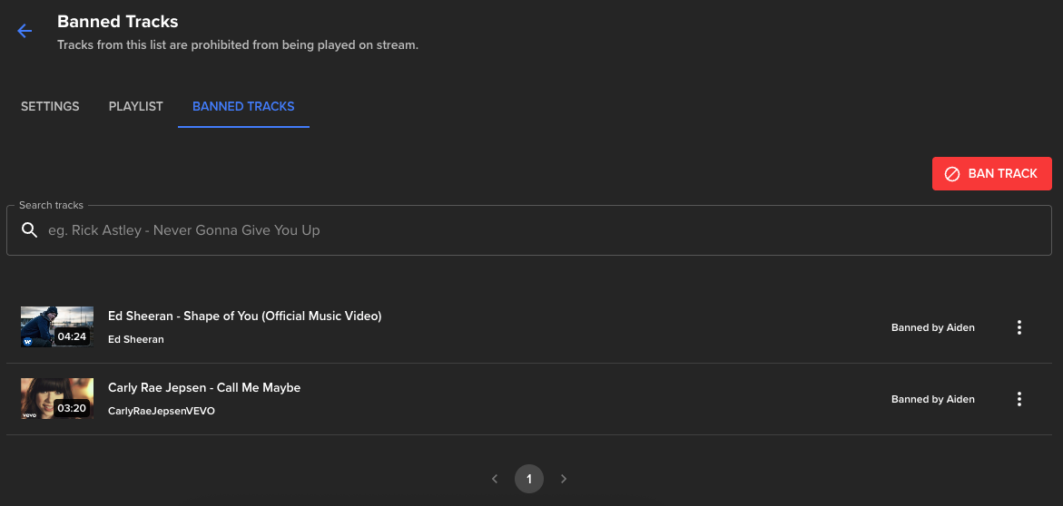 Example of the banned tracks UI