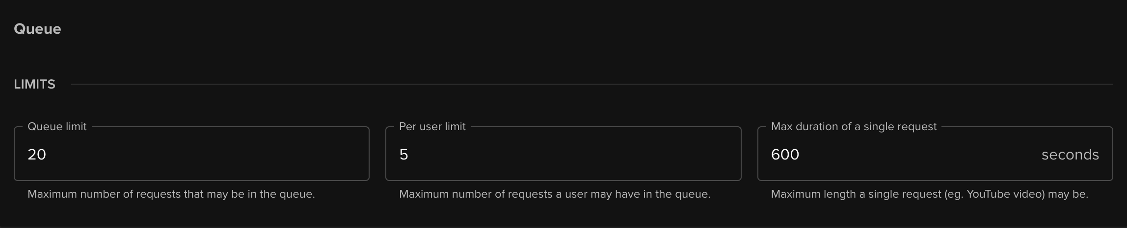 Example of the queue limits settings
