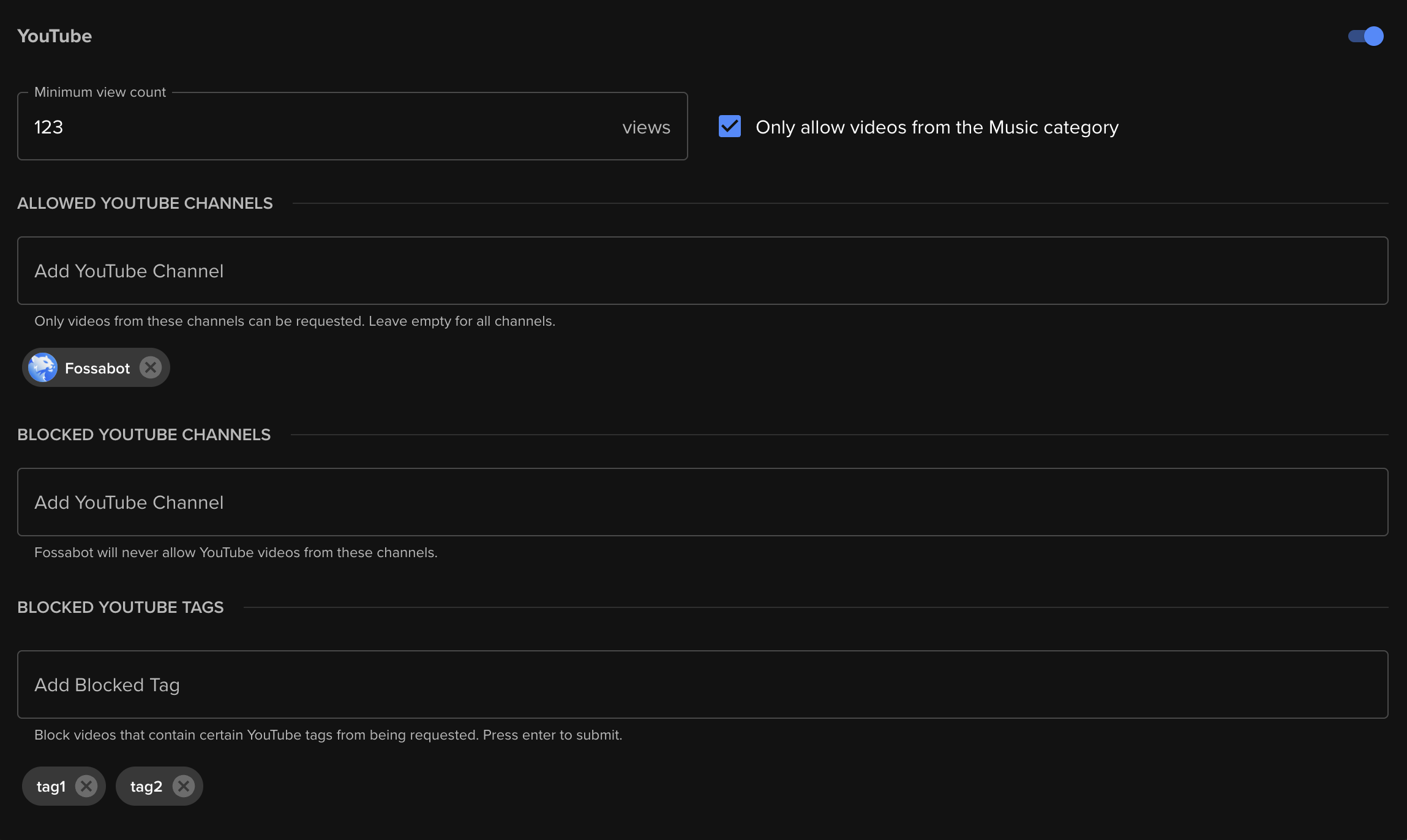 Example of YouTube settings