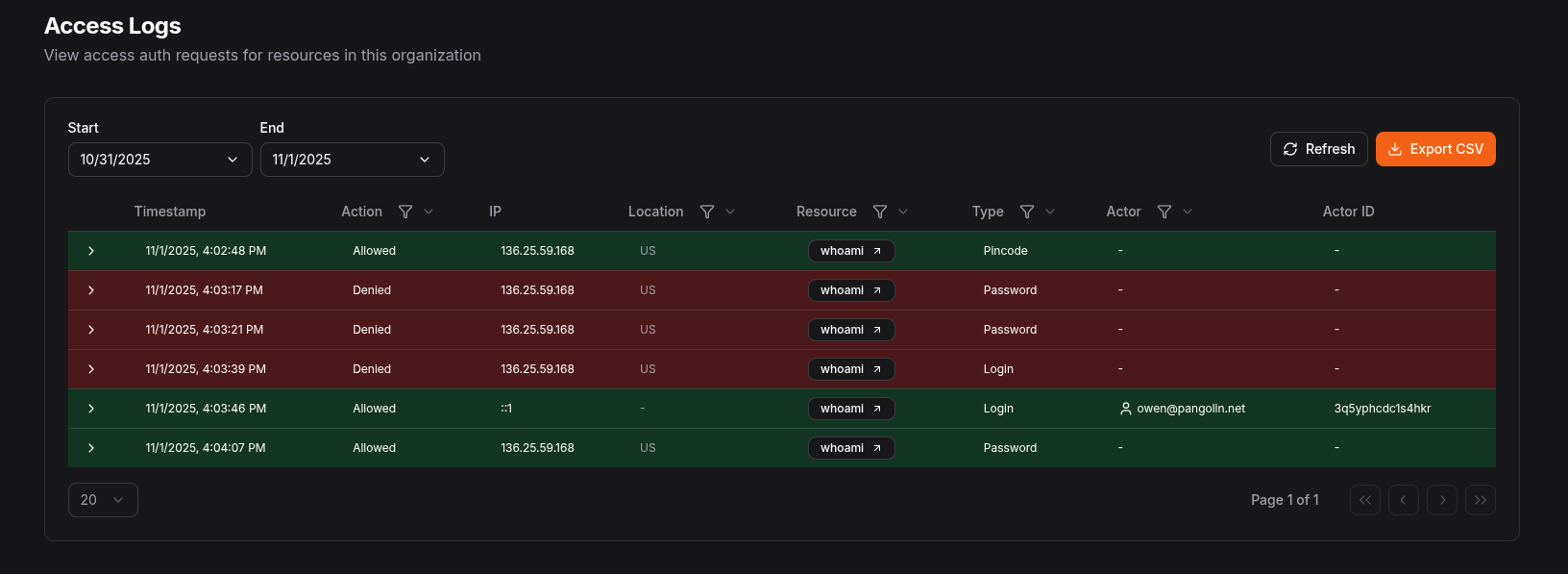 Authentication logs table in the Pangolin dashboard