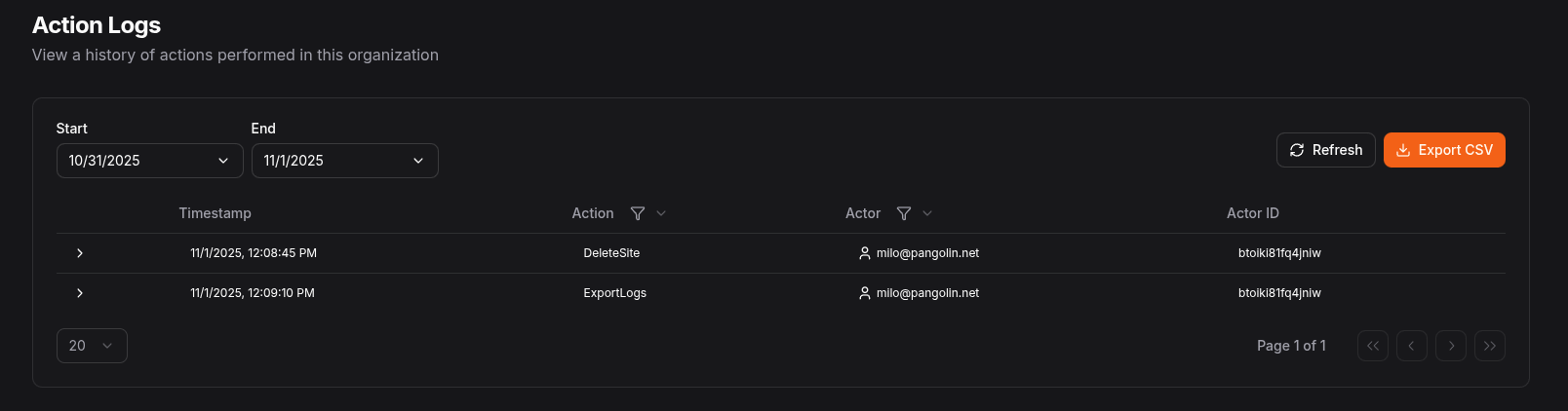 Admin action logs table in the Pangolin dashboard