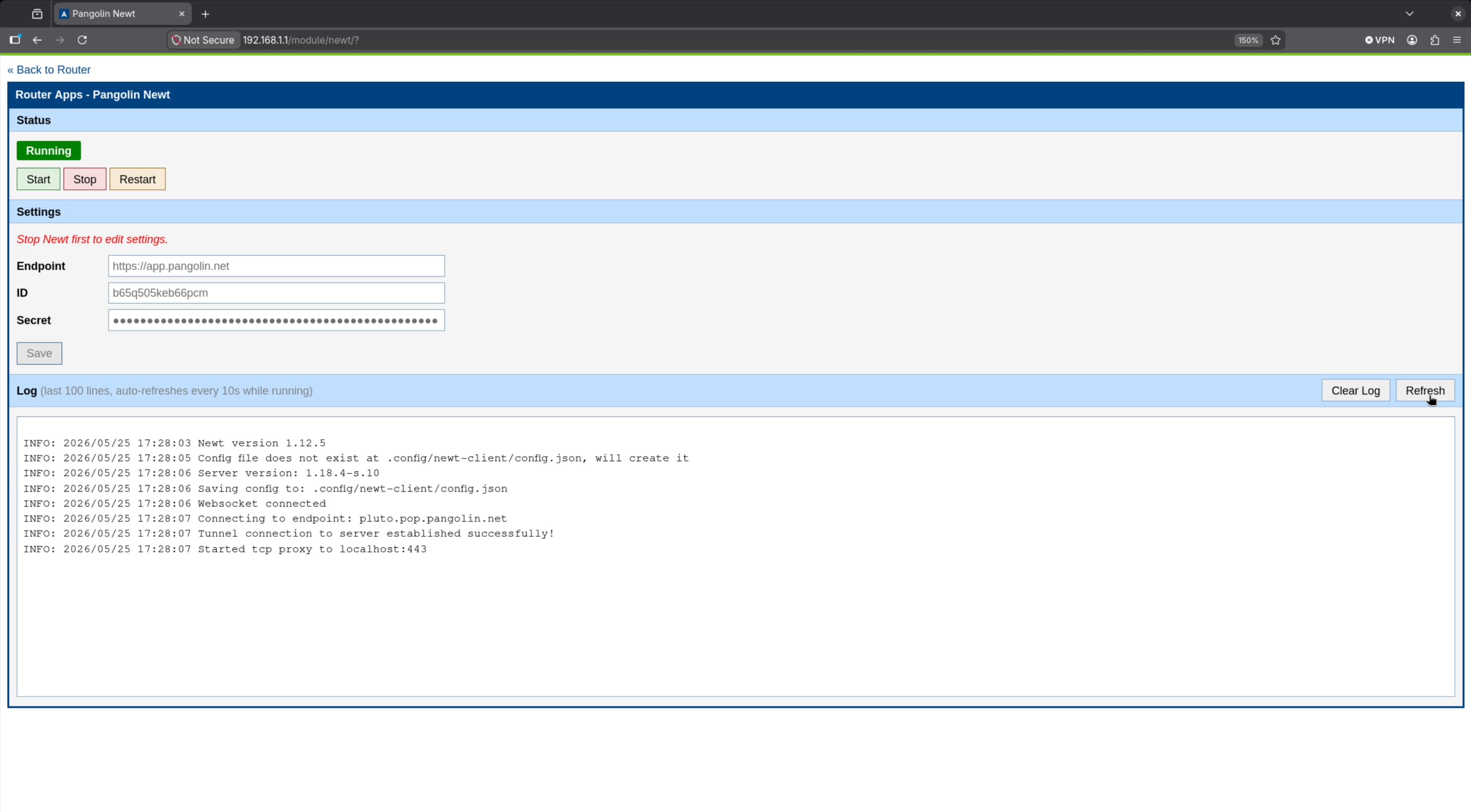 Advantech router UI showing Newt credential configuration