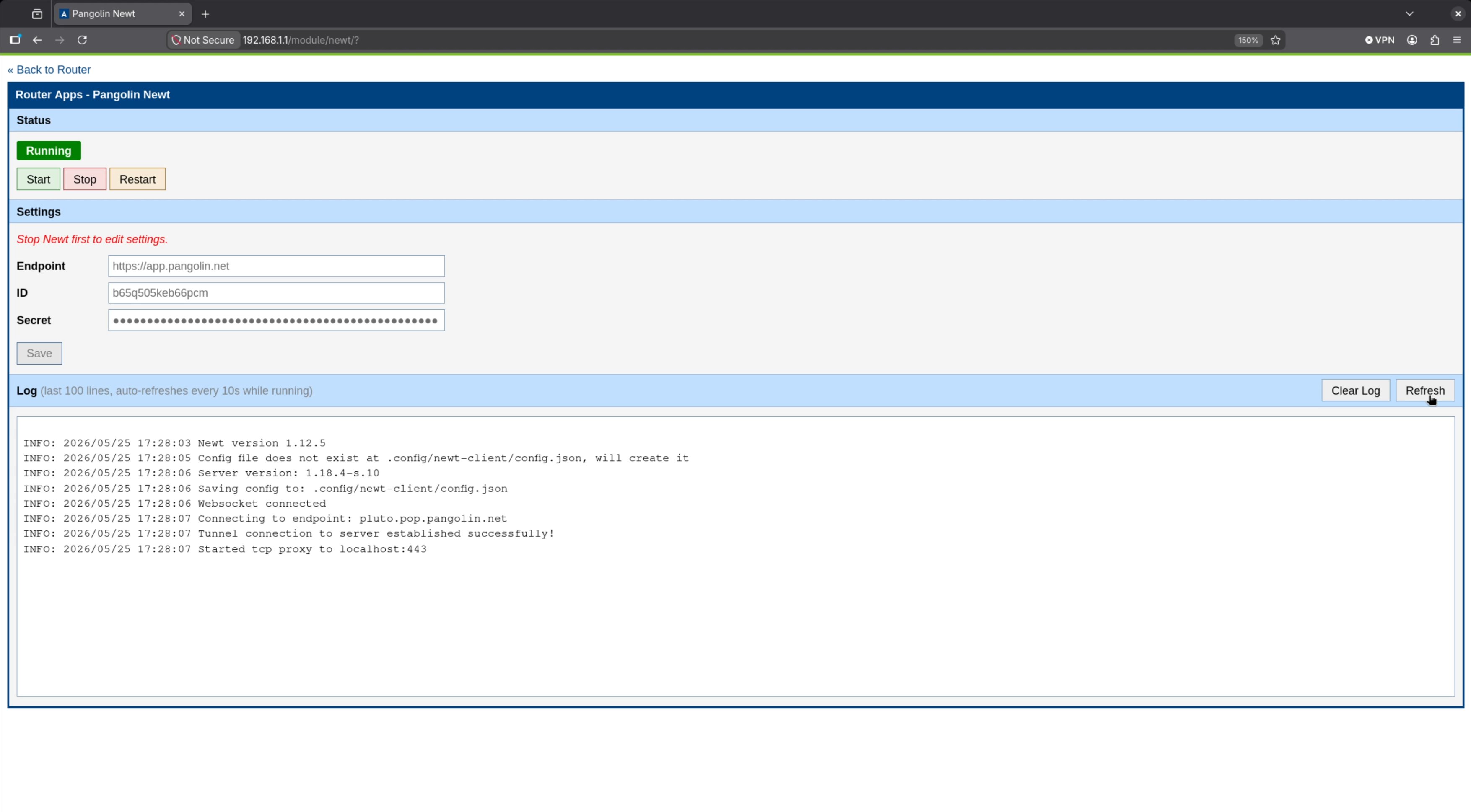 Advantech router UI showing Newt credential configuration