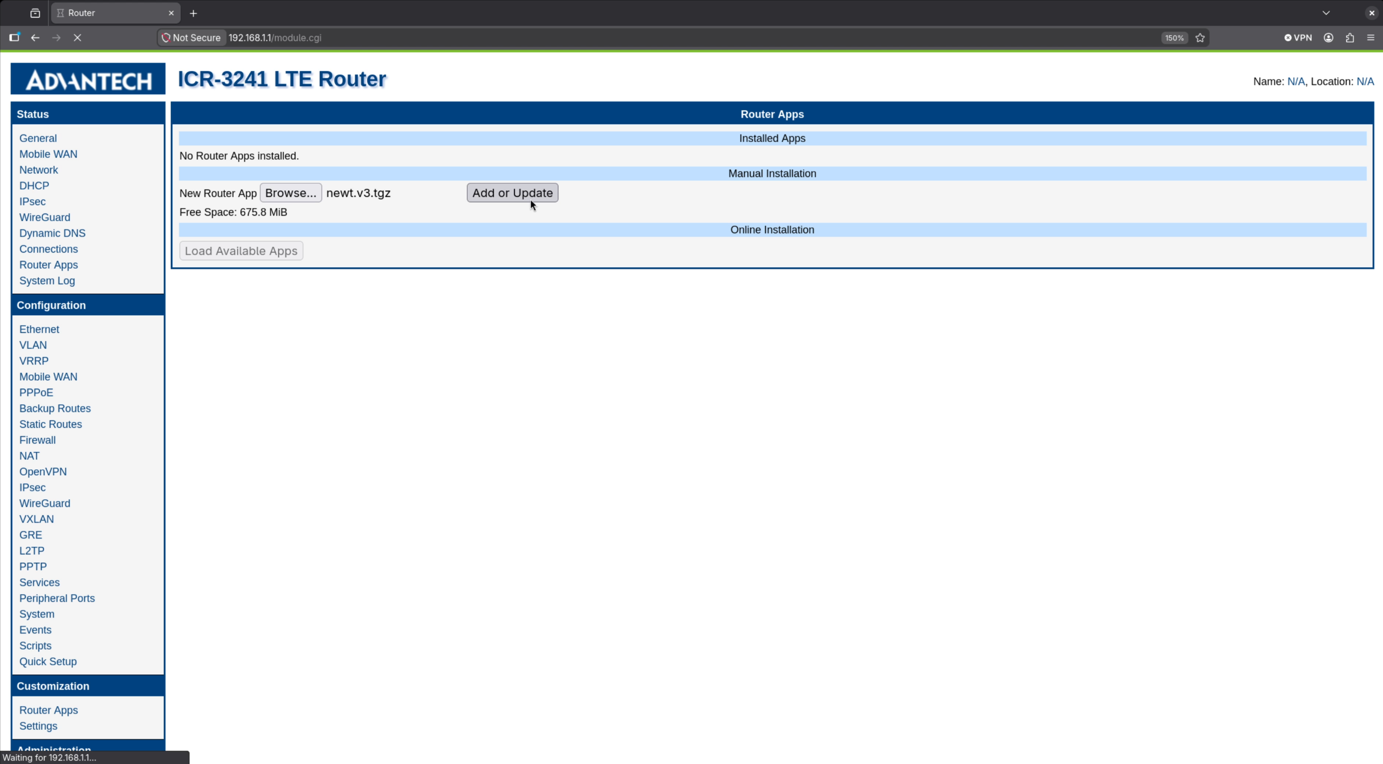 Advantech router UI showing Newt router app installation