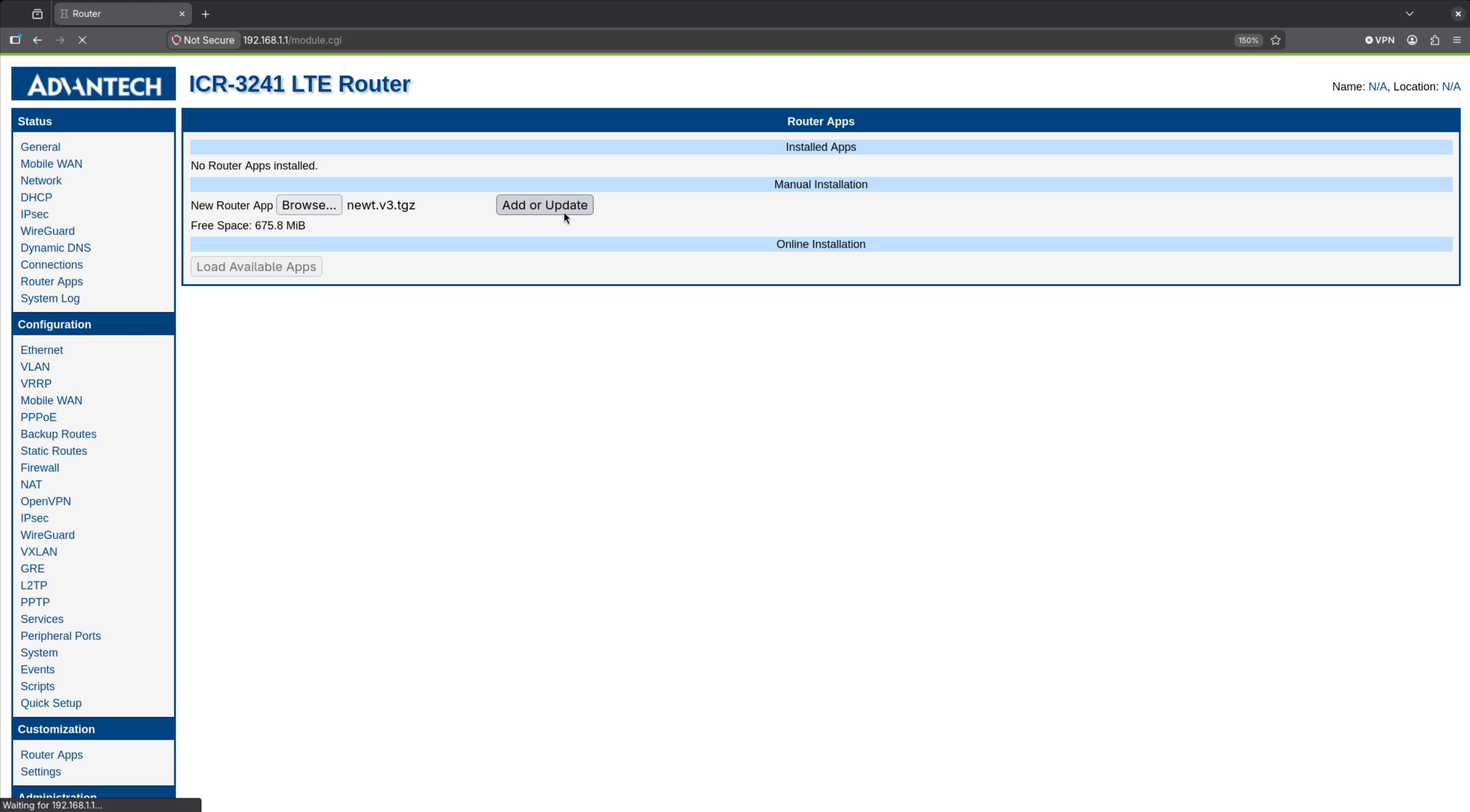 Advantech router UI showing Newt router app installation