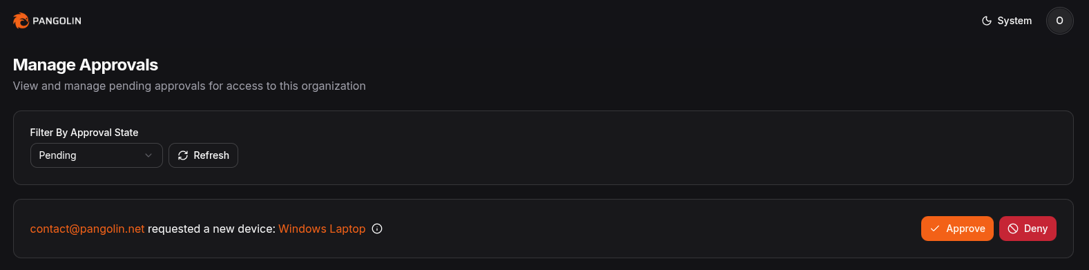 Approvals page listing pending devices in the Pangolin dashboard