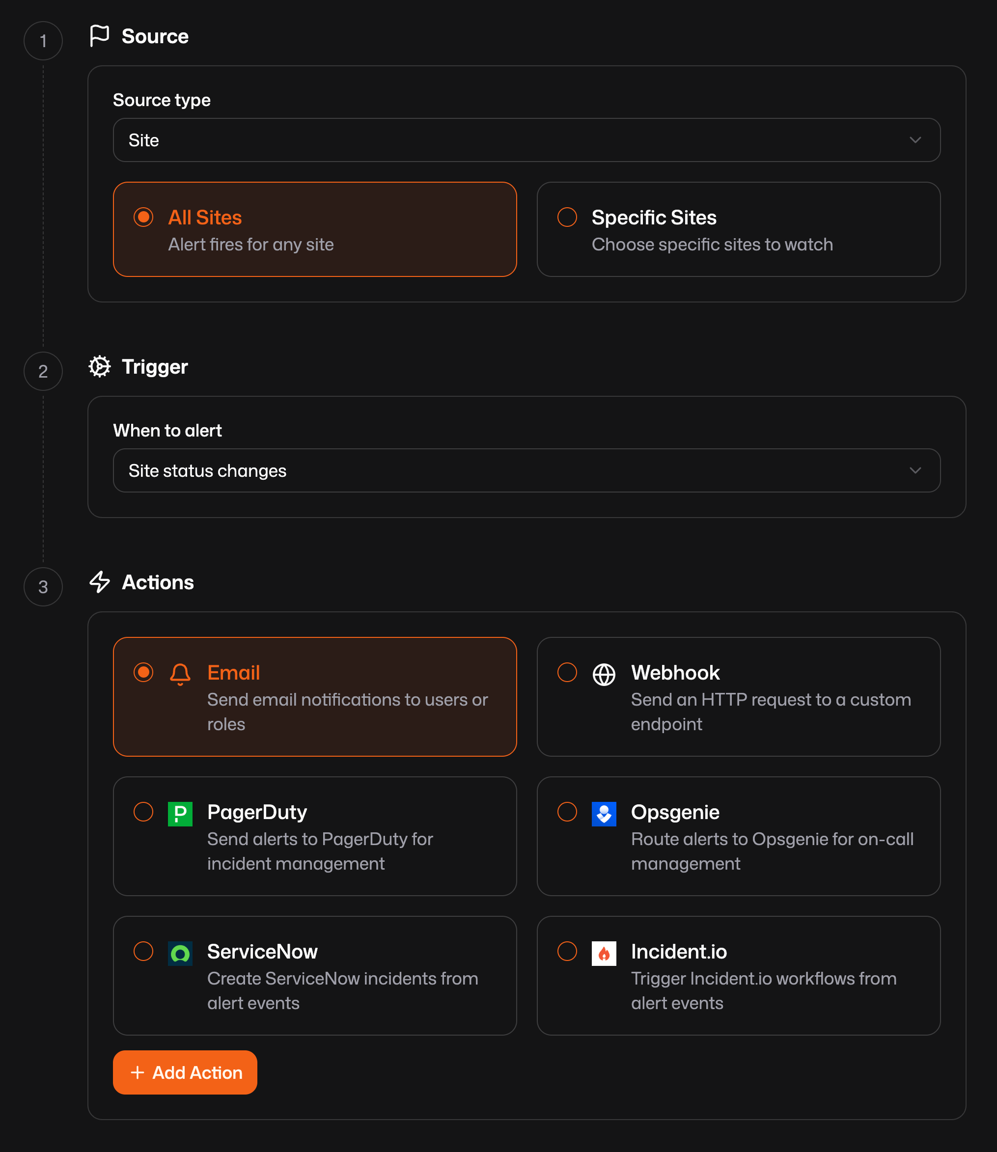 Create alert rule wizard in the Pangolin dashboard