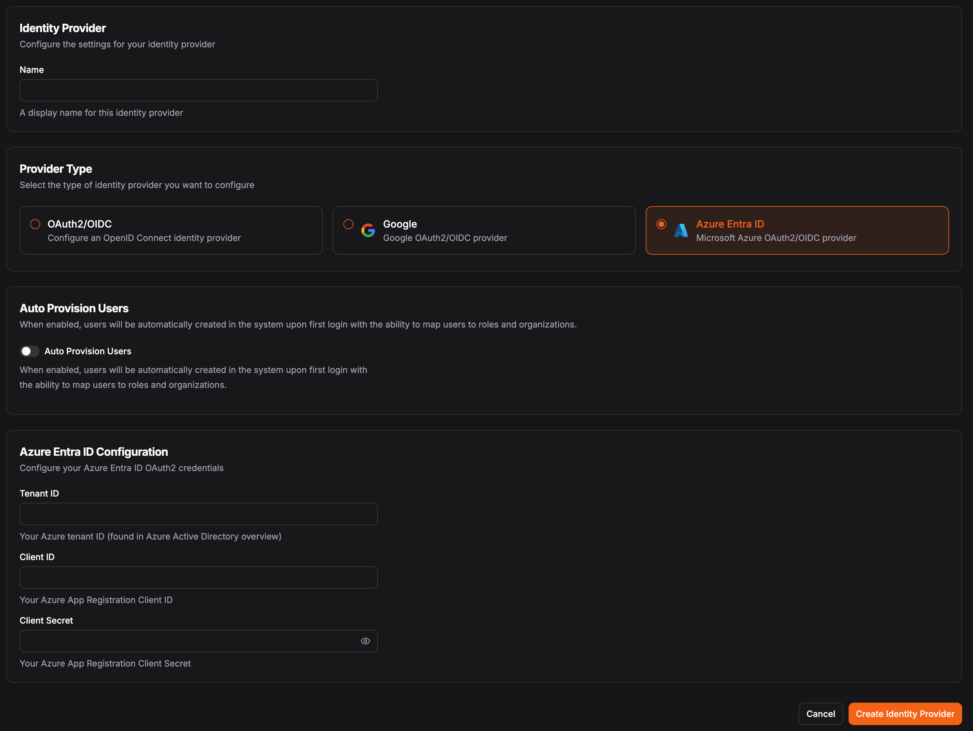 Azure Entra ID identity provider setup in the Pangolin dashboard