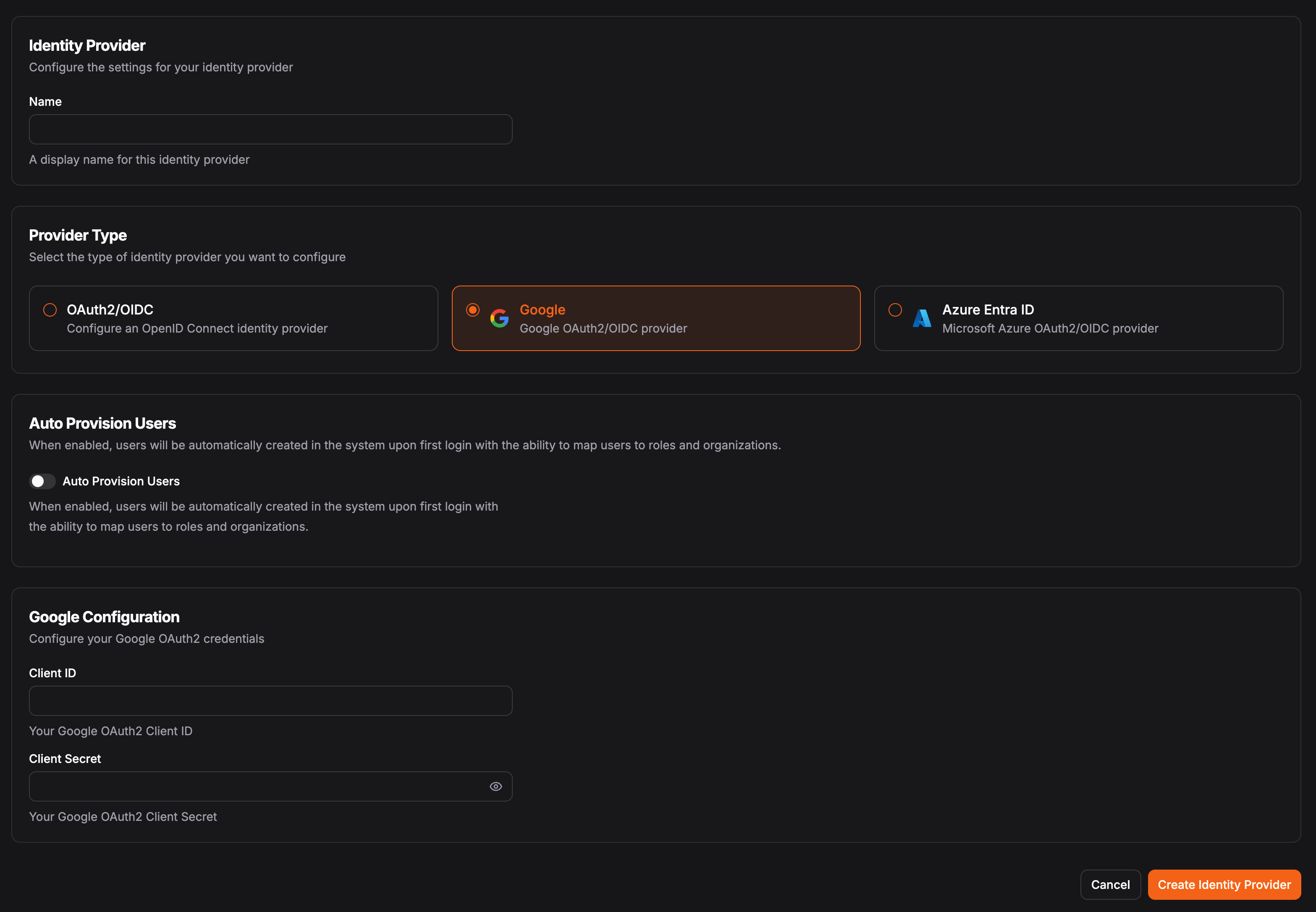 Google identity provider setup in the Pangolin dashboard