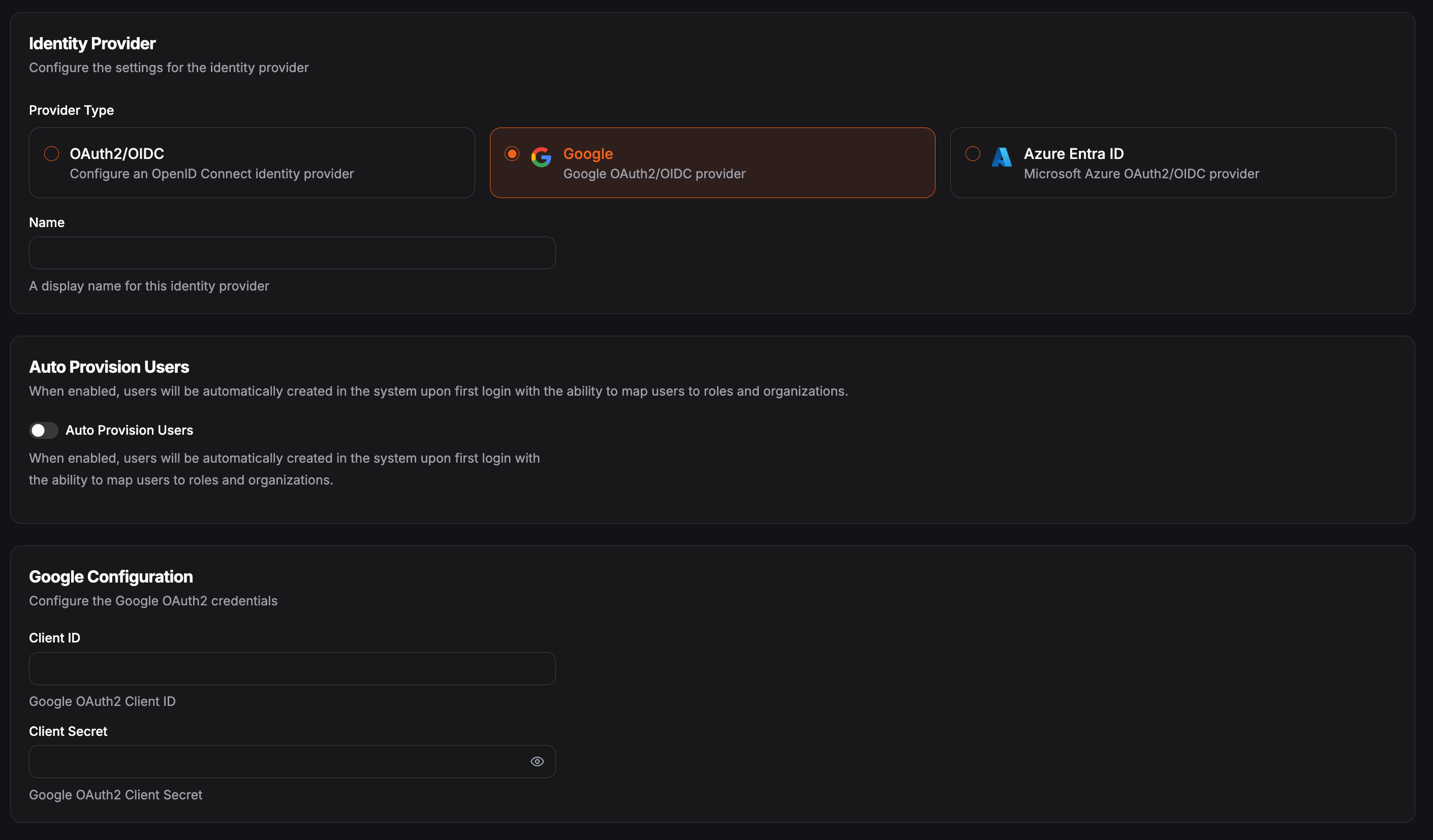 Identity provider creation form in the Pangolin dashboard